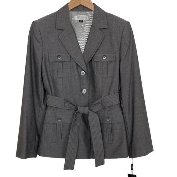 NEW Tahari Arthur Levine Gray Belted Button Front Tailored Blazer - Picture 13 of 13